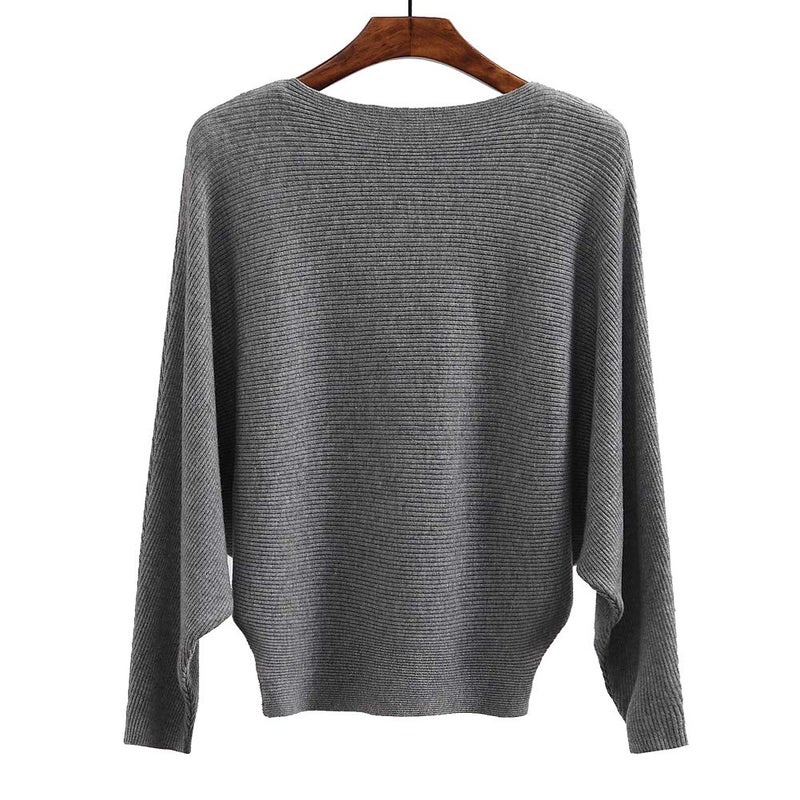 Ckikiou Womens Lightweight Oversized Boat Neck Sweaters Tops Dolman Batwing Sleeve Ribbed Knitted Pullovers Gray - Image 2